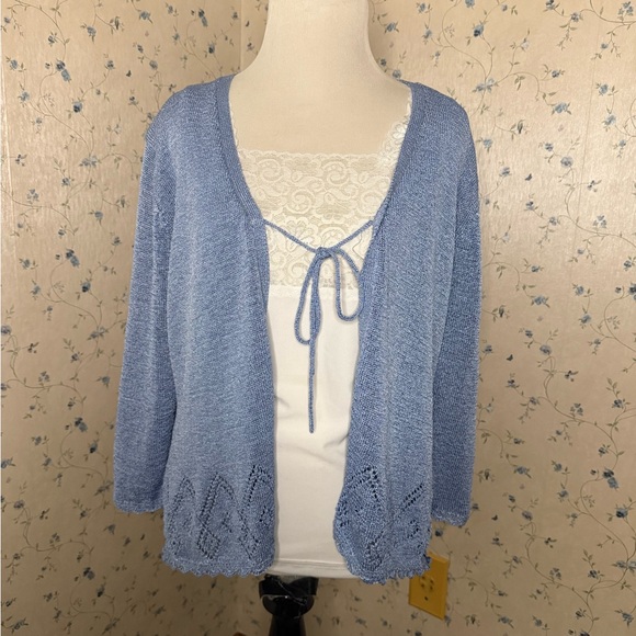 Y2K vintage knit lace detailing baby blue tie front cardigan sweater - Picture 7 of 7